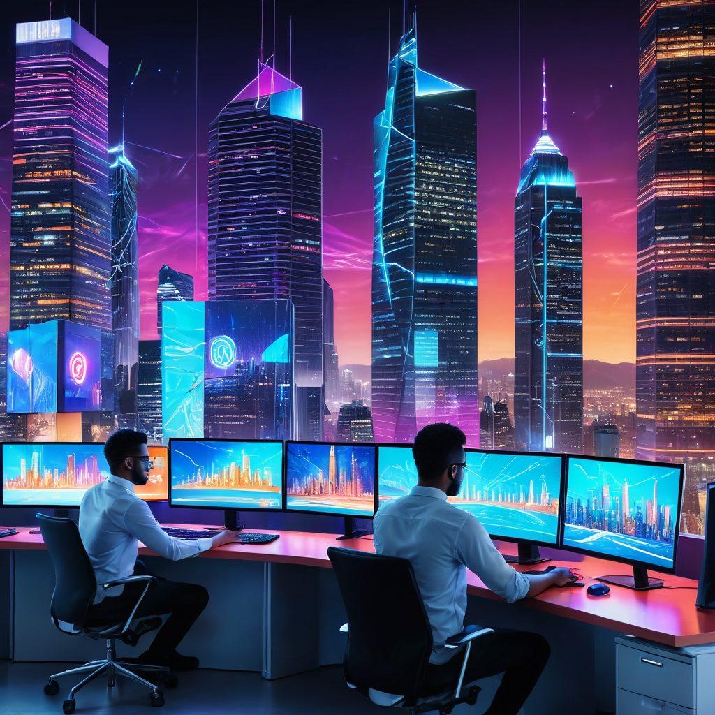 A sleek, futuristic cityscape with towering skyscrapers made of digital screens displaying dynamic, colorful brand logos. In the foreground, a team of innovative web developers working seamlessly on holographic interfaces, coding and sketching web designs while vibrant light trails flow around them, symbolizing creativity and progress. Super-realistic. Vibrant colors. High-tech ambiance.