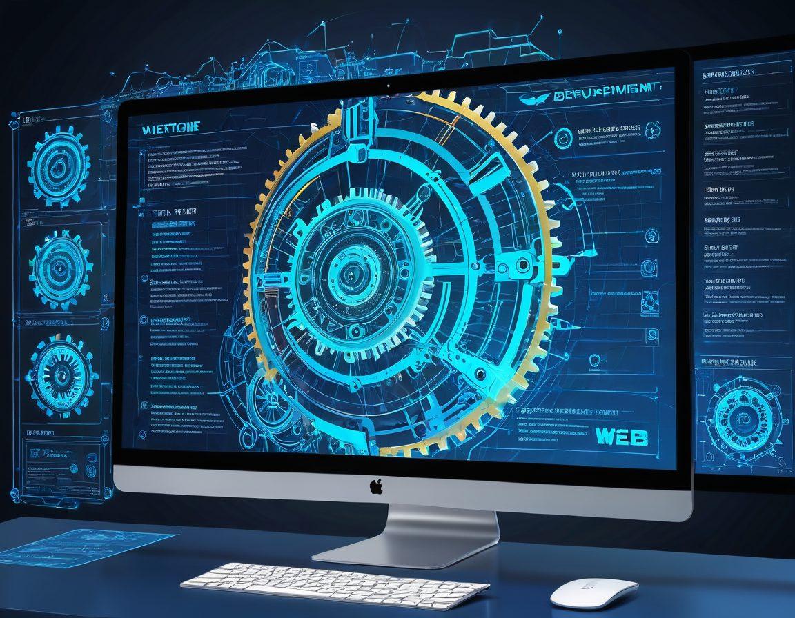 A sleek and modern computer screen displaying a stunning website design, surrounded by flying gears and cogs symbolizing a web development turbine. The background features a subtle blueprint with glowing lines and web elements like HTML tags and design tools. Digital brushes and coding snippets float around creating a dynamic atmosphere. super-realistic. vibrant colors.